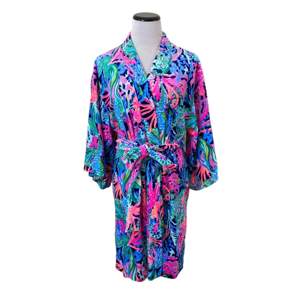Lilly Pulitzer Elaine Velour Robe Sz S/M Bringing Mermaid Back Blue Floral
